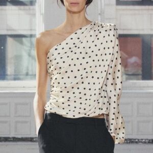 Zara Cream and Black Polka Dot One-Shoulder Top